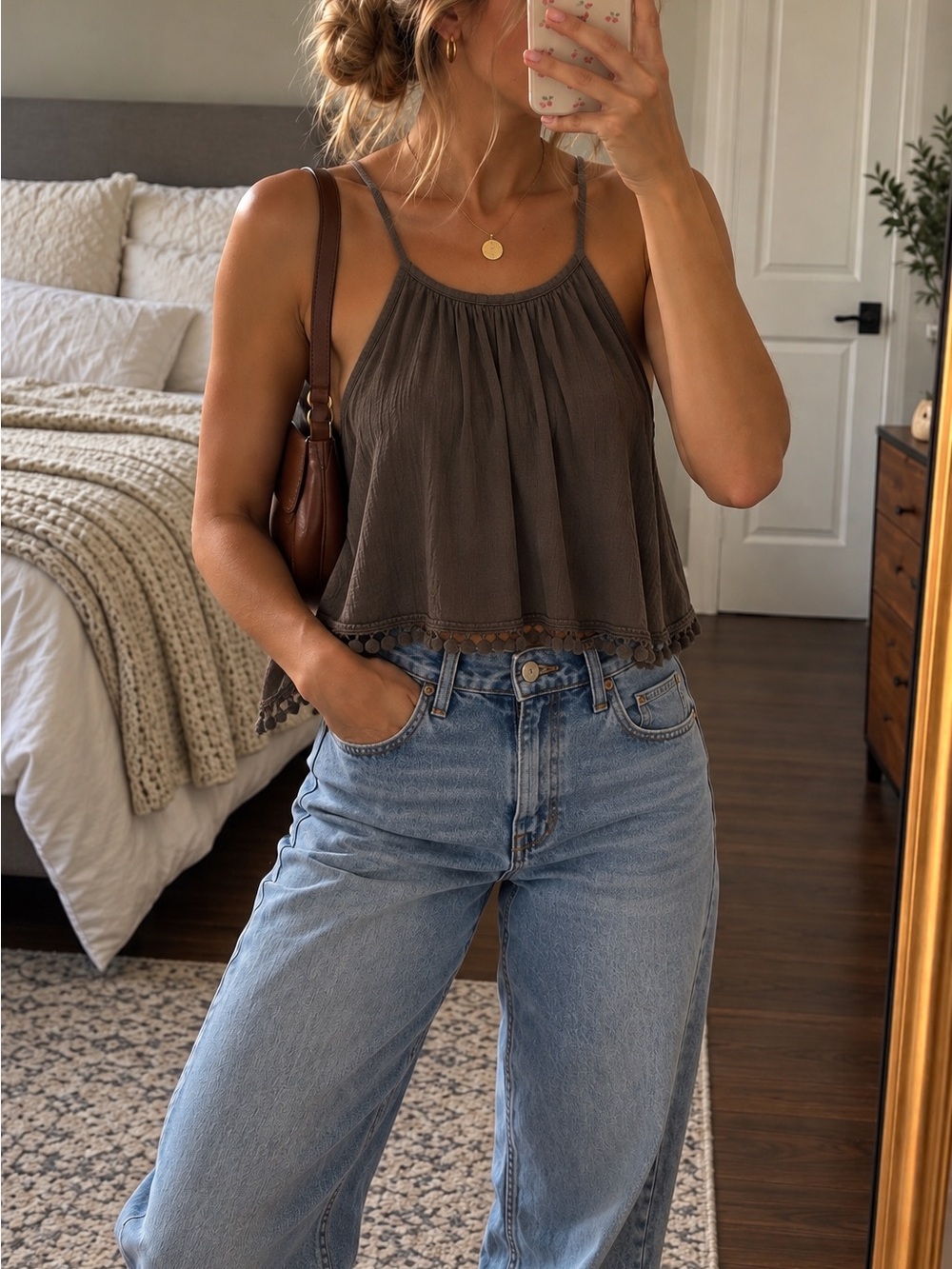 Charlotte Russe Olive Crochet-Hem Spaghetti Strap Camisole